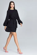 Robe noire polyester chic manches longues volants élégante féminine cocktail soirée mode femme