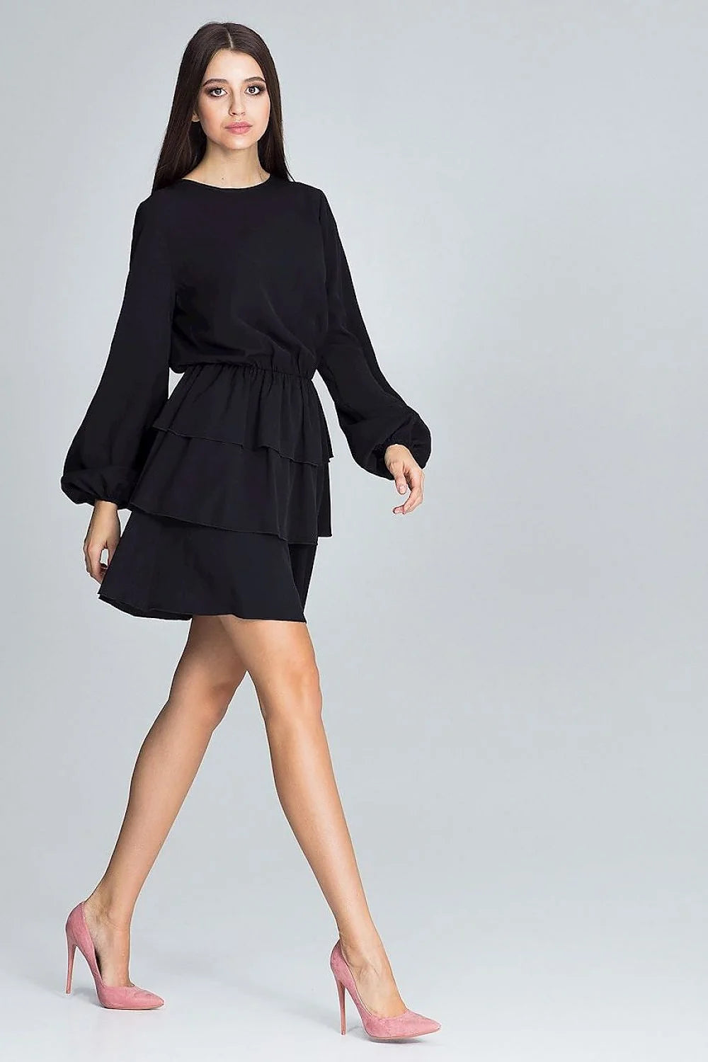 Robe noire polyester chic manches longues volants élégante féminine cocktail soirée mode femme