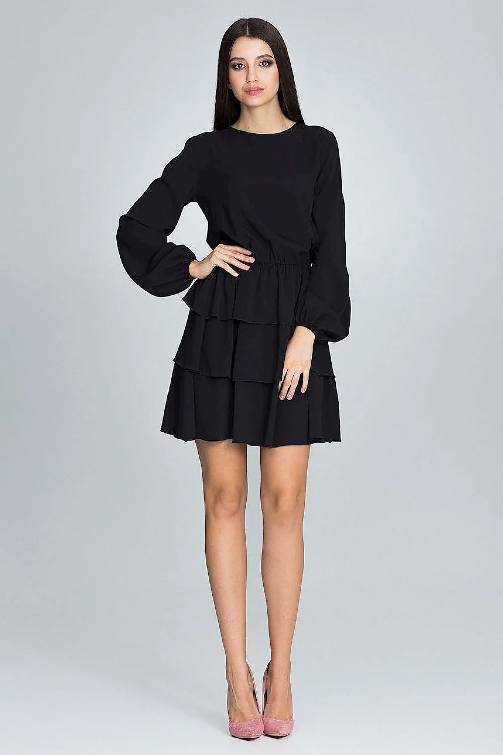Robe noire polyester chic manches longues volants élégante féminine cocktail soirée mode femme