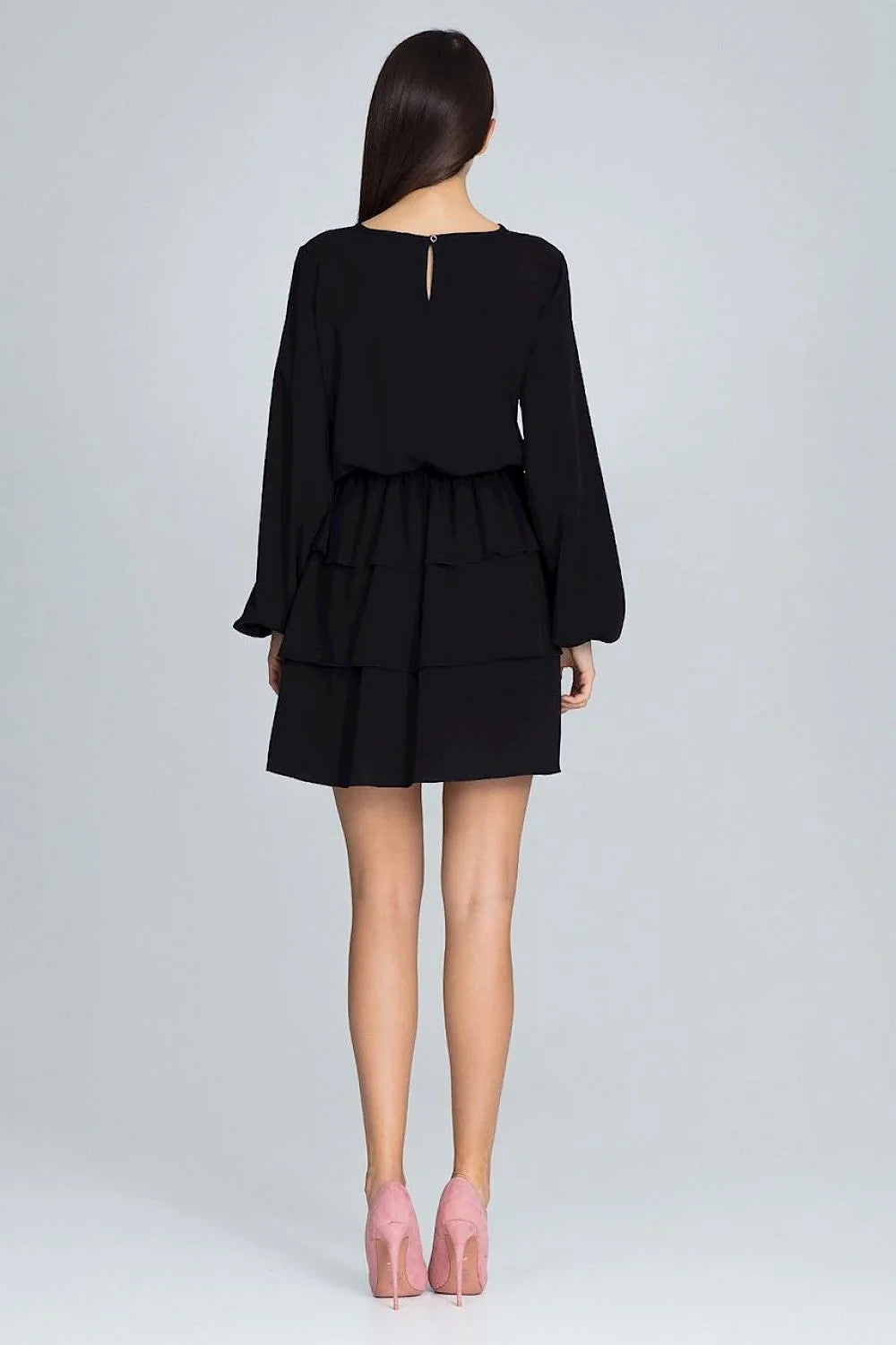 Robe noire polyester chic manches longues volants élégante féminine cocktail soirée mode femme