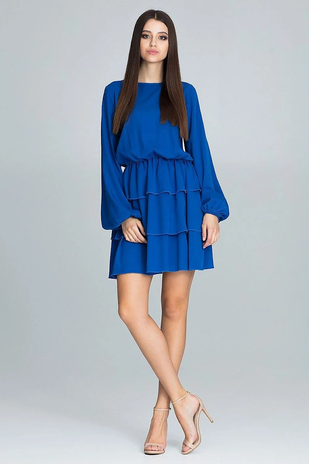 Robe noire polyester chic manches longues volants élégante féminine cocktail soirée mode femme