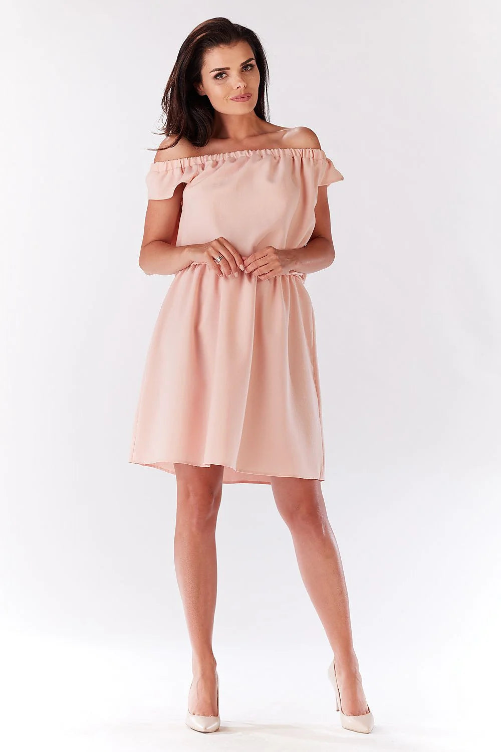 Robe polyester épaule dénudée romantique rose pâle élégante taille ajustée jupe évasée été