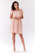 Robe polyester épaule dénudée romantique rose pâle élégante taille ajustée jupe évasée été