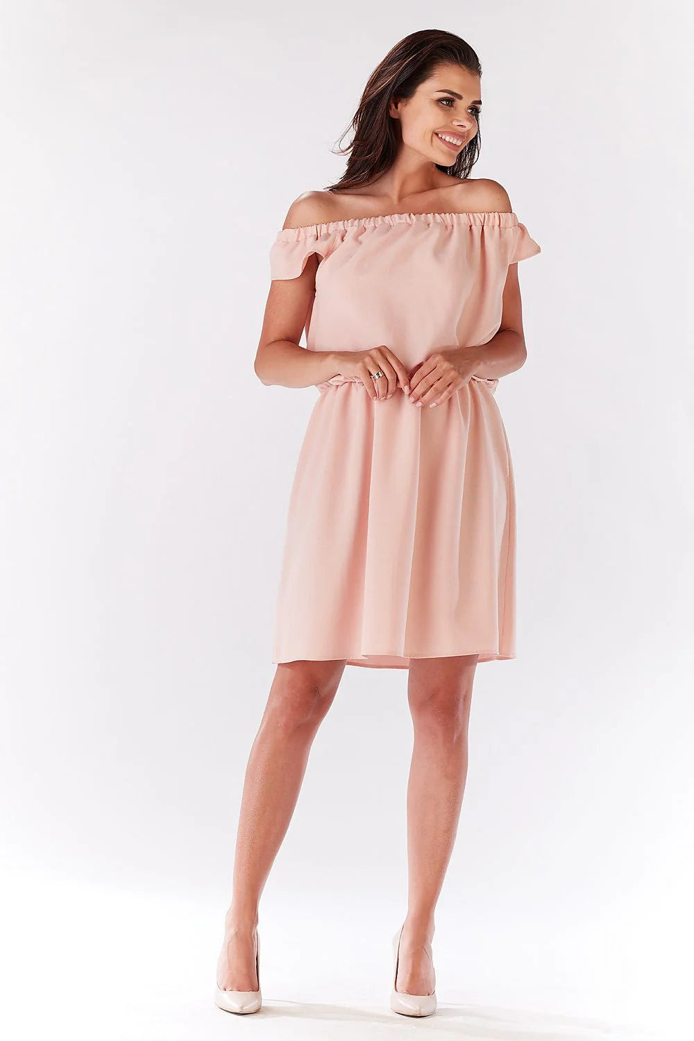 Robe polyester épaule dénudée romantique rose pâle élégante taille ajustée jupe évasée été