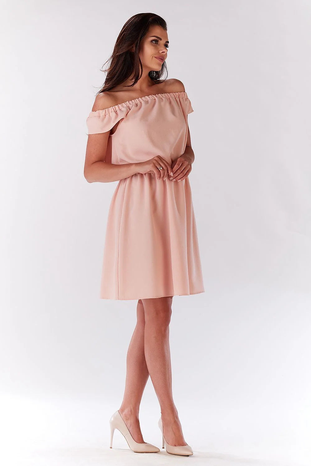 Robe polyester épaule dénudée romantique rose pâle élégante taille ajustée jupe évasée été