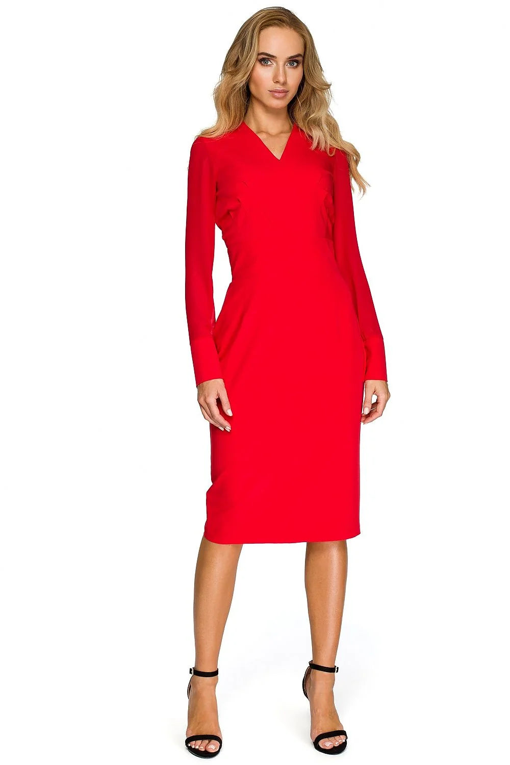 Robe polyester rouge vif élégante ajustée manches longues encolure V longueur genoux soirée chic