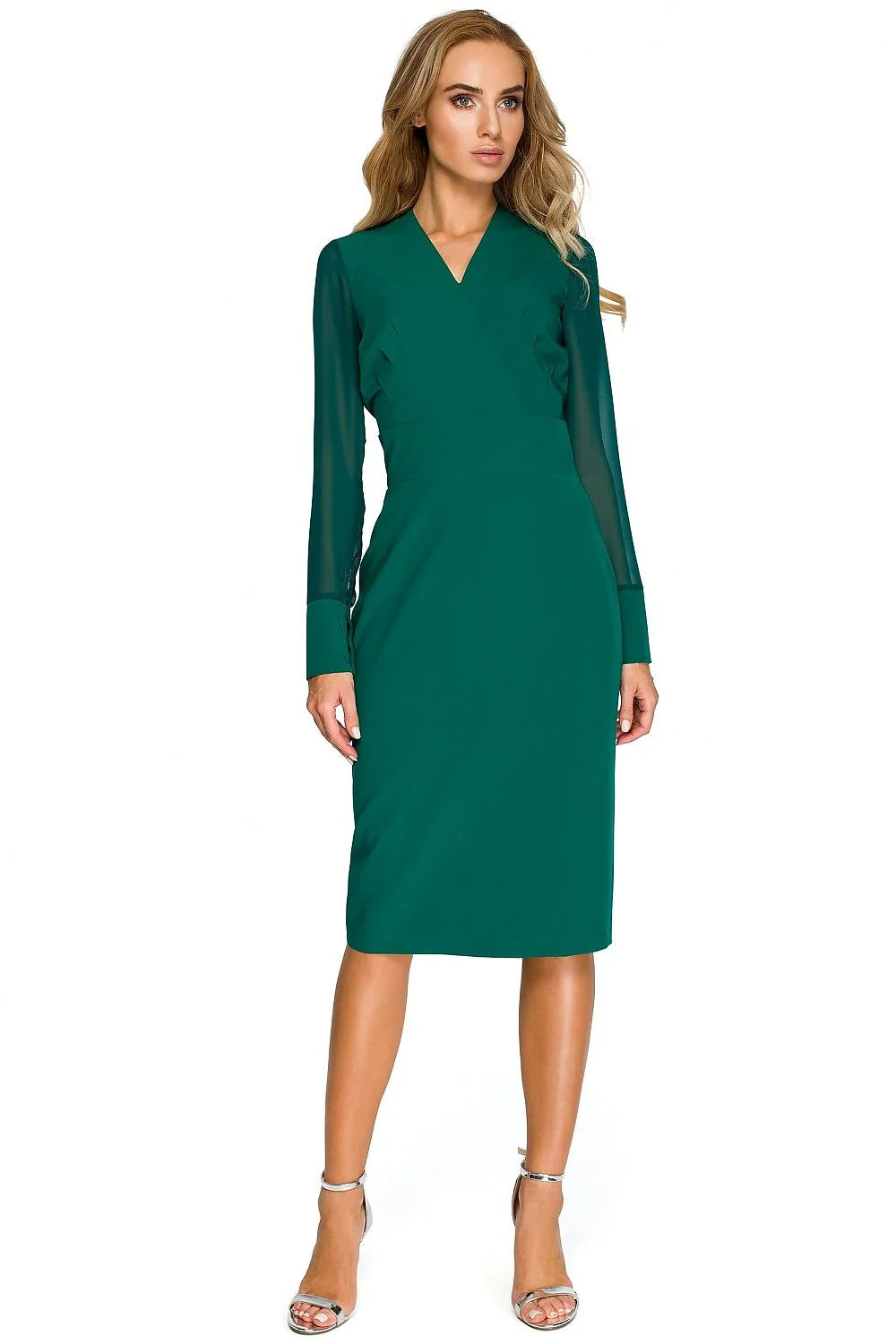 Robe polyester rouge vif élégante ajustée manches longues encolure V longueur genoux soirée chic