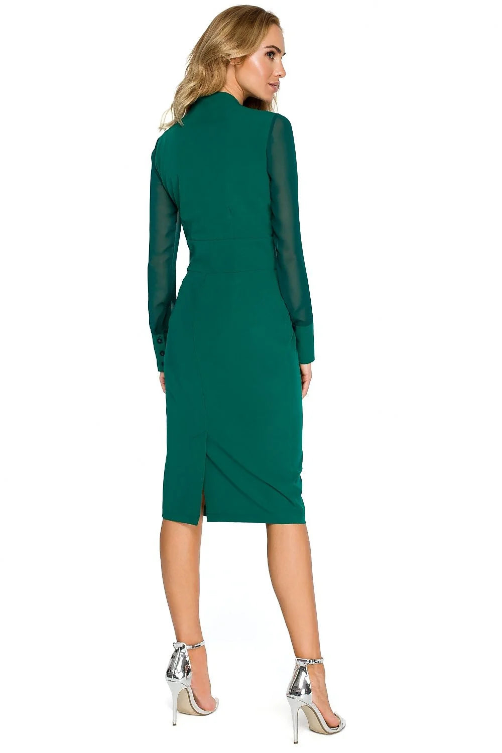 Robe polyester rouge vif élégante ajustée manches longues encolure V longueur genoux soirée chic