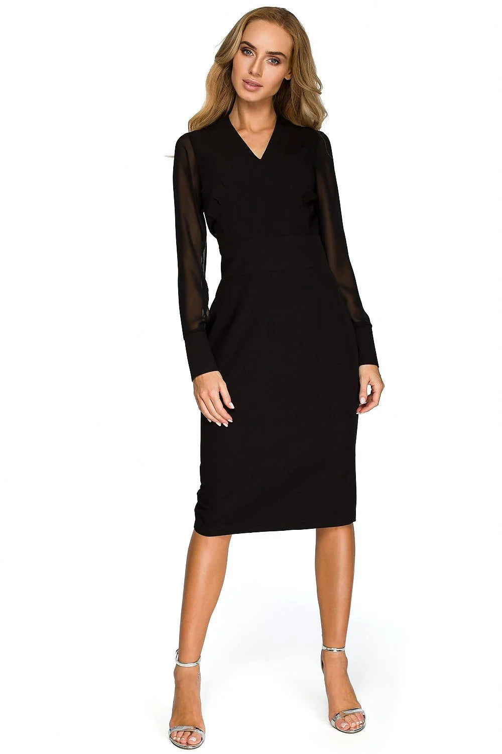 Robe polyester rouge vif élégante ajustée manches longues encolure V longueur genoux soirée chic