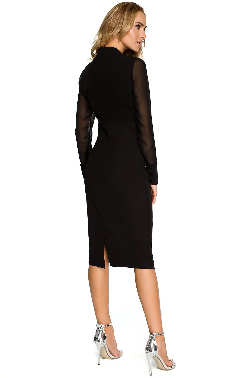 Robe polyester rouge vif élégante ajustée manches longues encolure V longueur genoux soirée chic