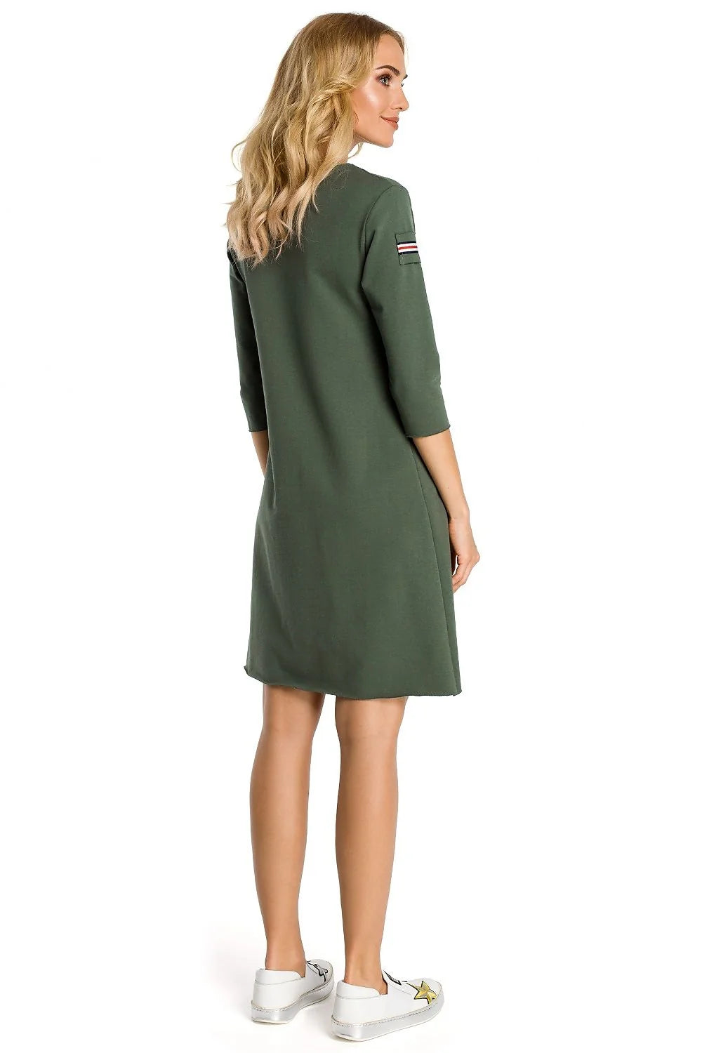 Robe rouge coton moderne élégante décontractée manches trois-quarts poche mode féminine style quotidien