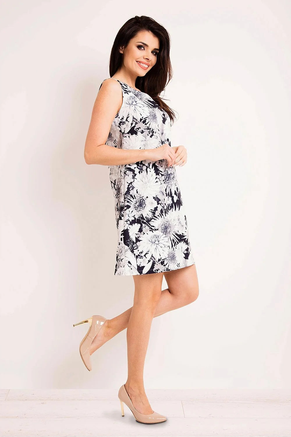 Robe sans manches polyester élégante motifs floraux pastel coupe évasée chic été féminine