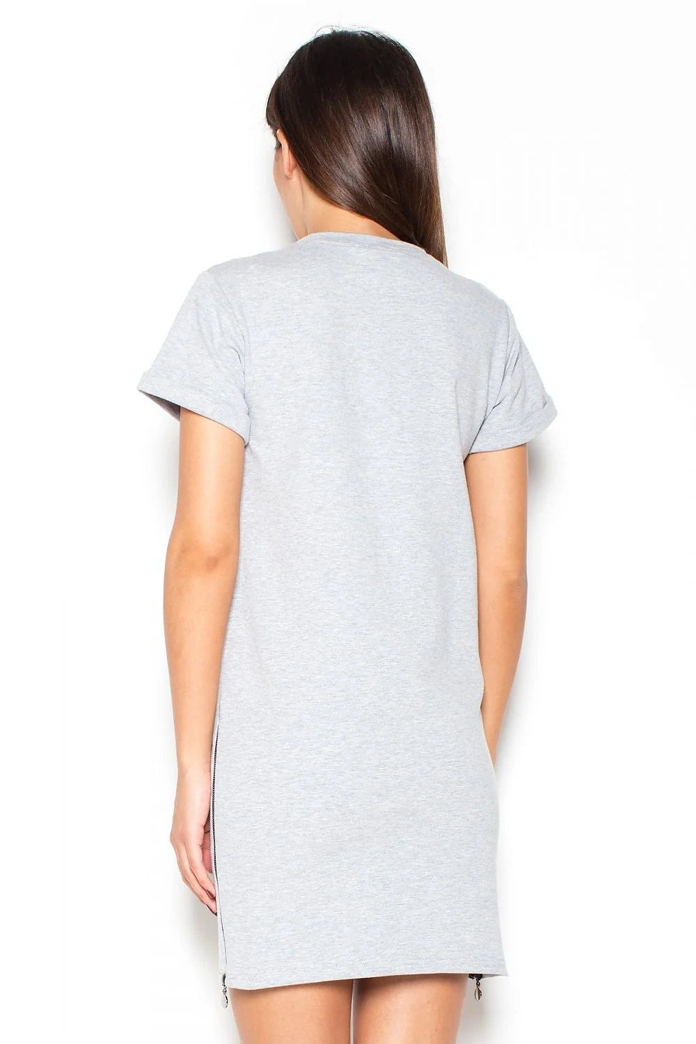 Robe t-shirt en coton jersey décontractée grise manches courtes fermeture éclair côté style moderne