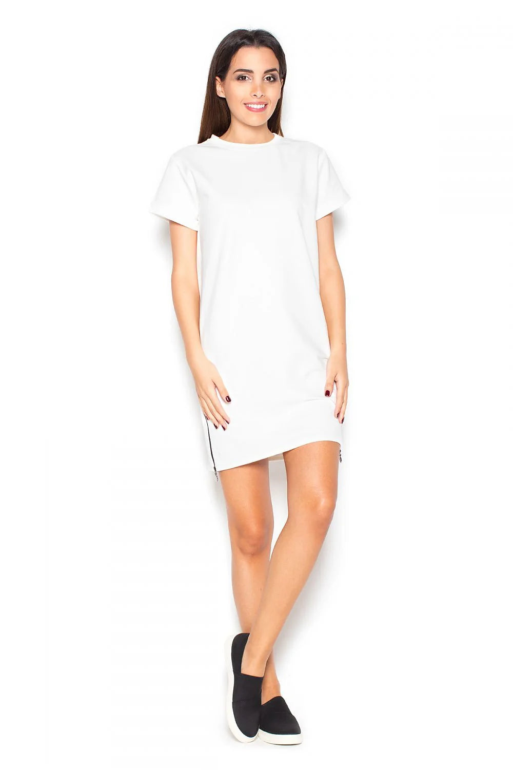 Robe t-shirt en coton jersey décontractée grise manches courtes fermeture éclair côté style moderne