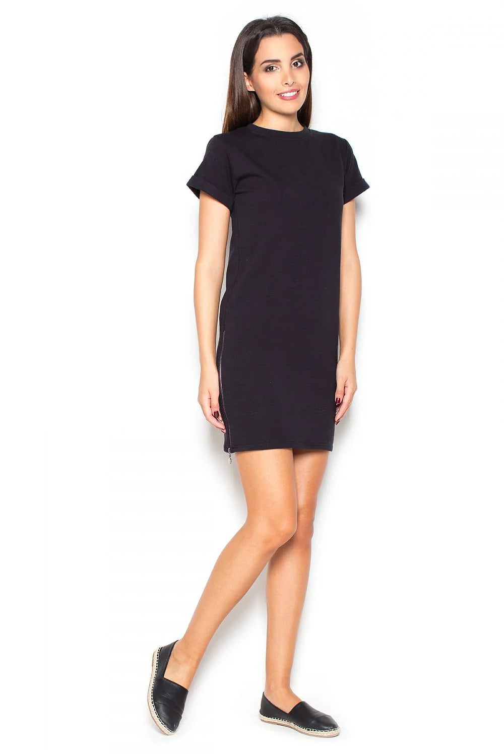 Robe t-shirt en coton jersey décontractée grise manches courtes fermeture éclair côté style moderne