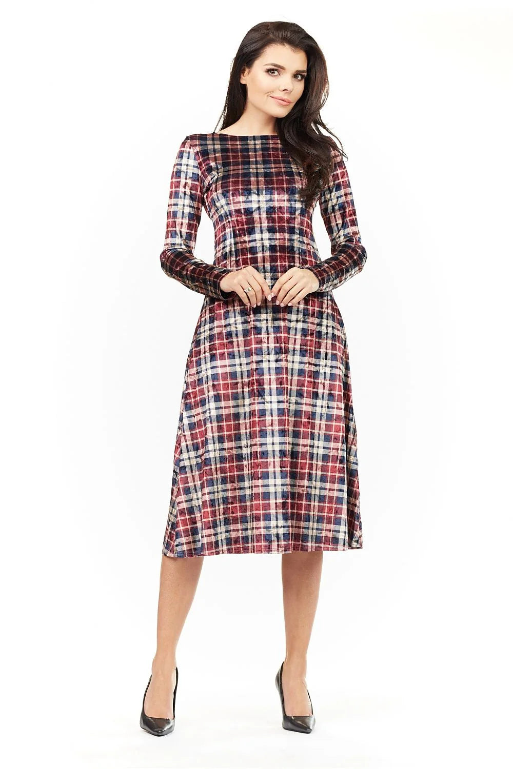 Robe tartan coton décontractée élégante manches longues mi-mollet carreaux classiques femmes style intemporel