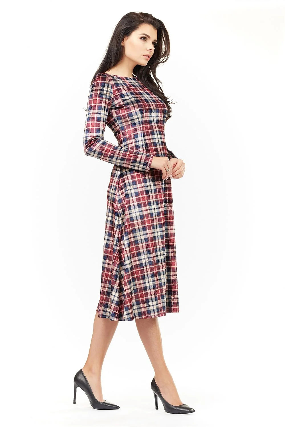 Robe tartan coton décontractée élégante manches longues mi-mollet carreaux classiques femmes style intemporel