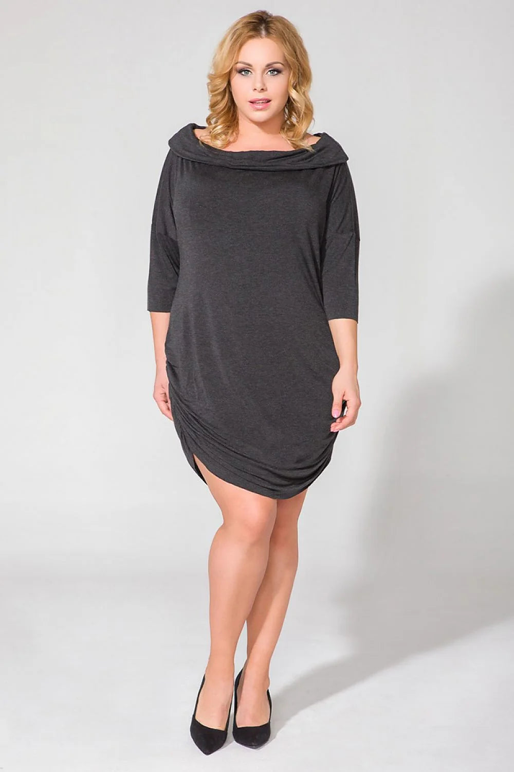 Robe tunique en jersey doux ample décontractée col bénitier manches longues pour look quotidien élégant