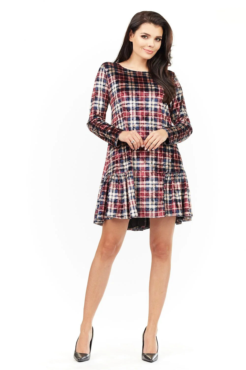 Robe velours à carreaux élégante et décontractée manches longues style chic pour femme moderne