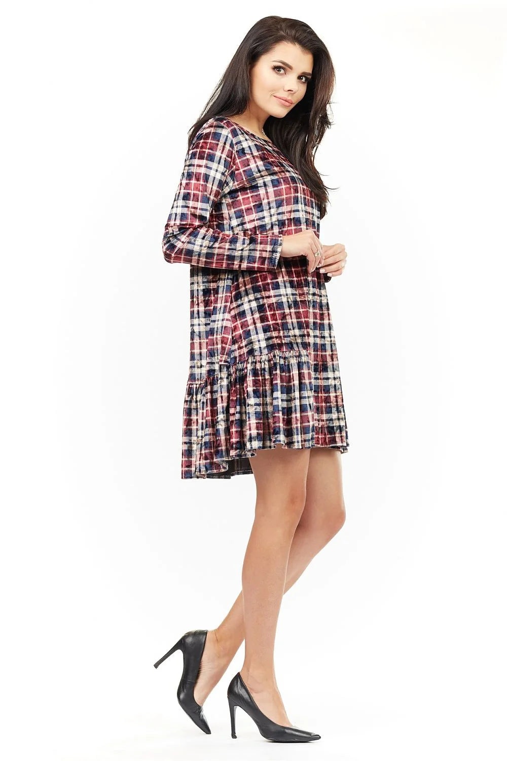 Robe velours à carreaux élégante et décontractée manches longues style chic pour femme moderne