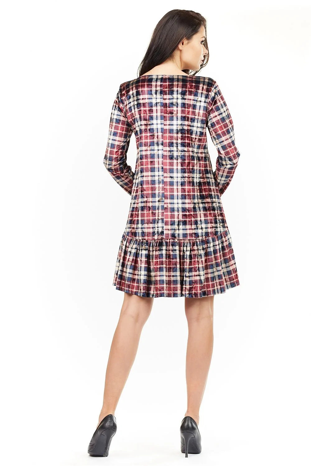 Robe velours à carreaux élégante et décontractée manches longues style chic pour femme moderne