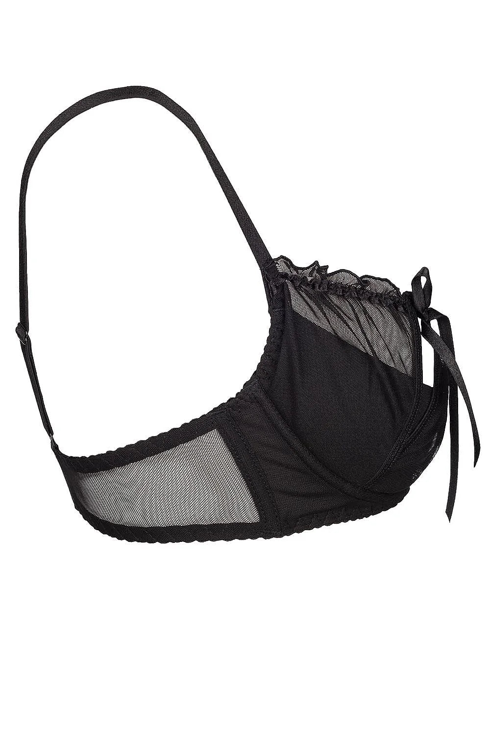 Soutien-gorge balconnet tulle satin noir sexy avec nœuds volants transparents pour silhouette séduisante