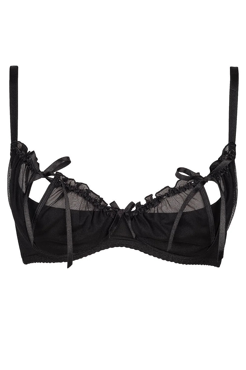 Soutien-gorge balconnet tulle satin noir sexy avec nœuds volants transparents pour silhouette séduisante