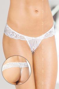 string dentelle florale blanche tulle transparent noeud satin décoratif bande taillebasse élastique échancré ouvert entrejambe dos tback stretch maintien discret