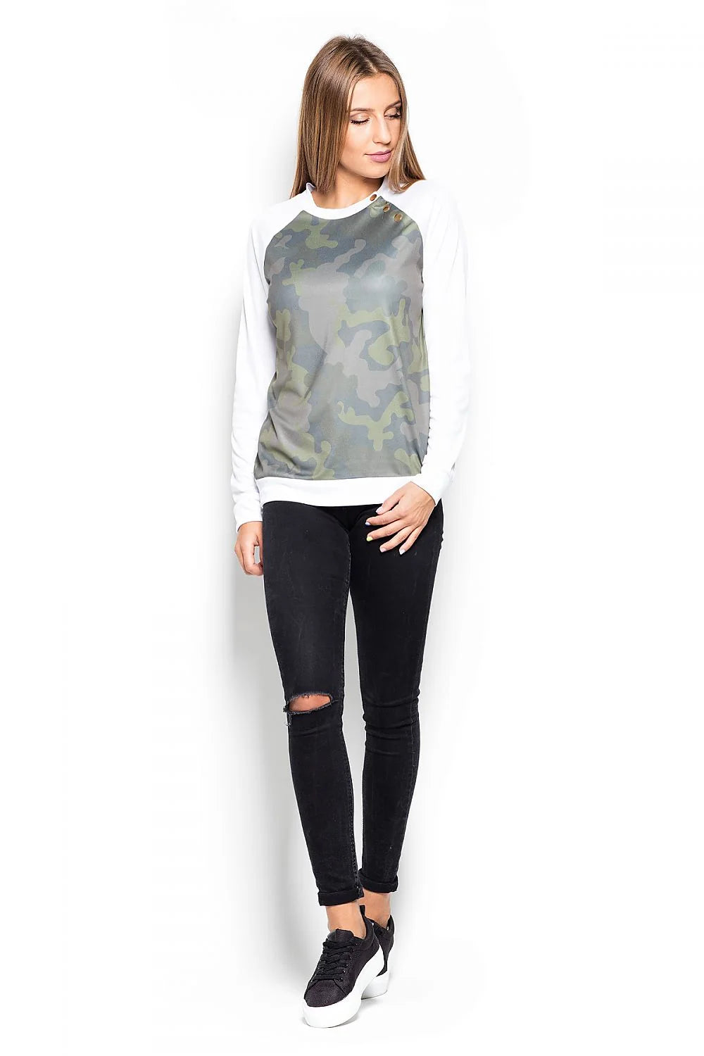 Sweat-shirt coton décontracté camouflage vert style sportif pour femmes tendance et confortable manches longues
