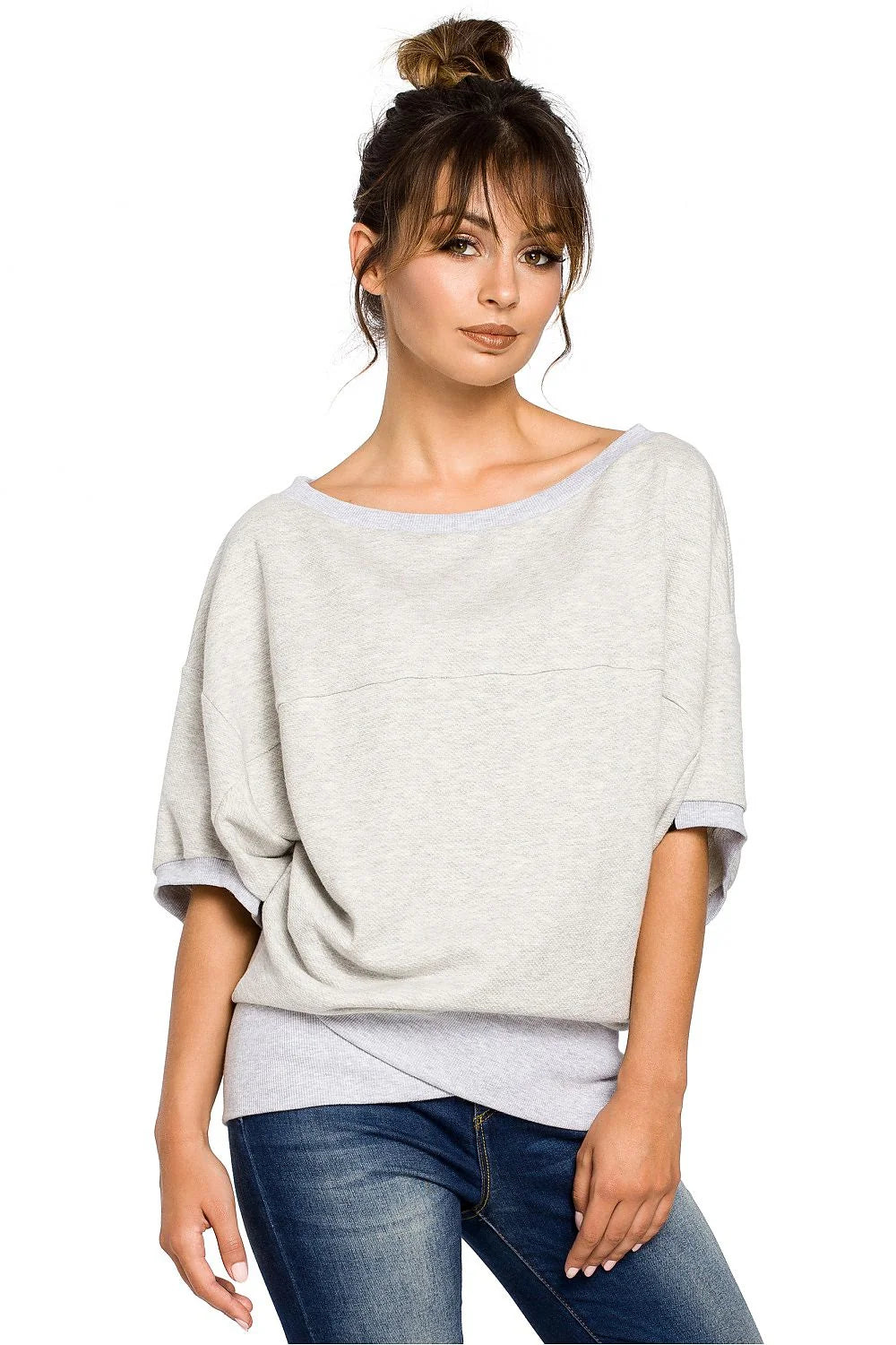 Sweat-shirt coton gris décontracté élégant coupe ample col bateau mode casual confortable femmes