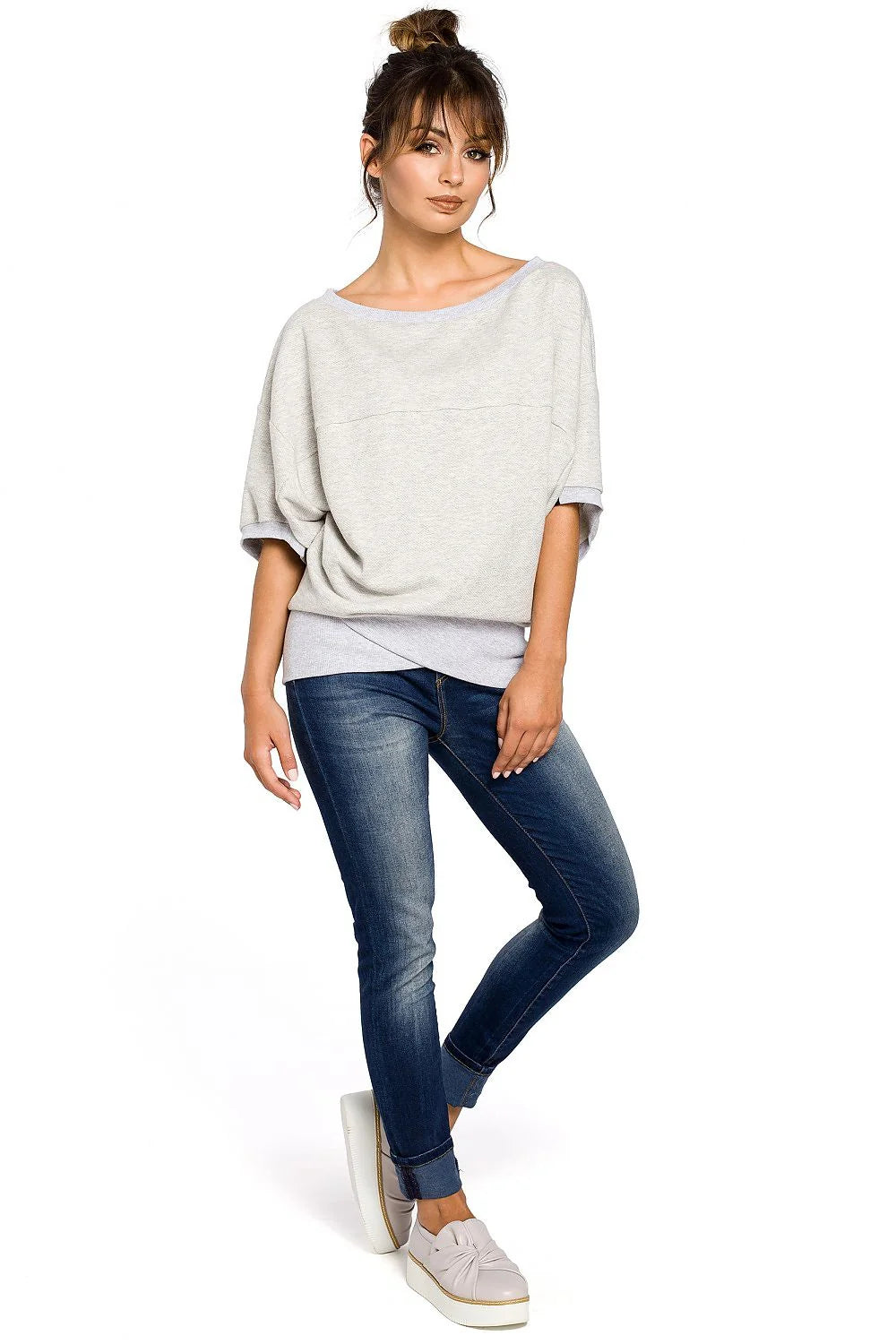 Sweat-shirt coton gris décontracté élégant coupe ample col bateau mode casual confortable femmes