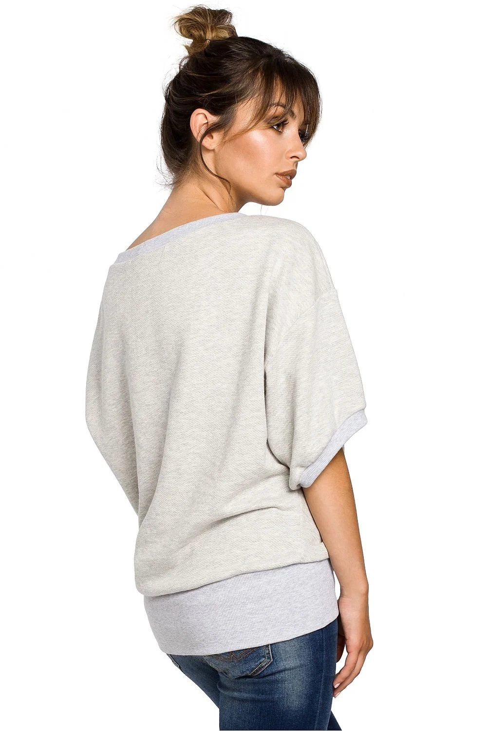 Sweat-shirt coton gris décontracté élégant coupe ample col bateau mode casual confortable femmes