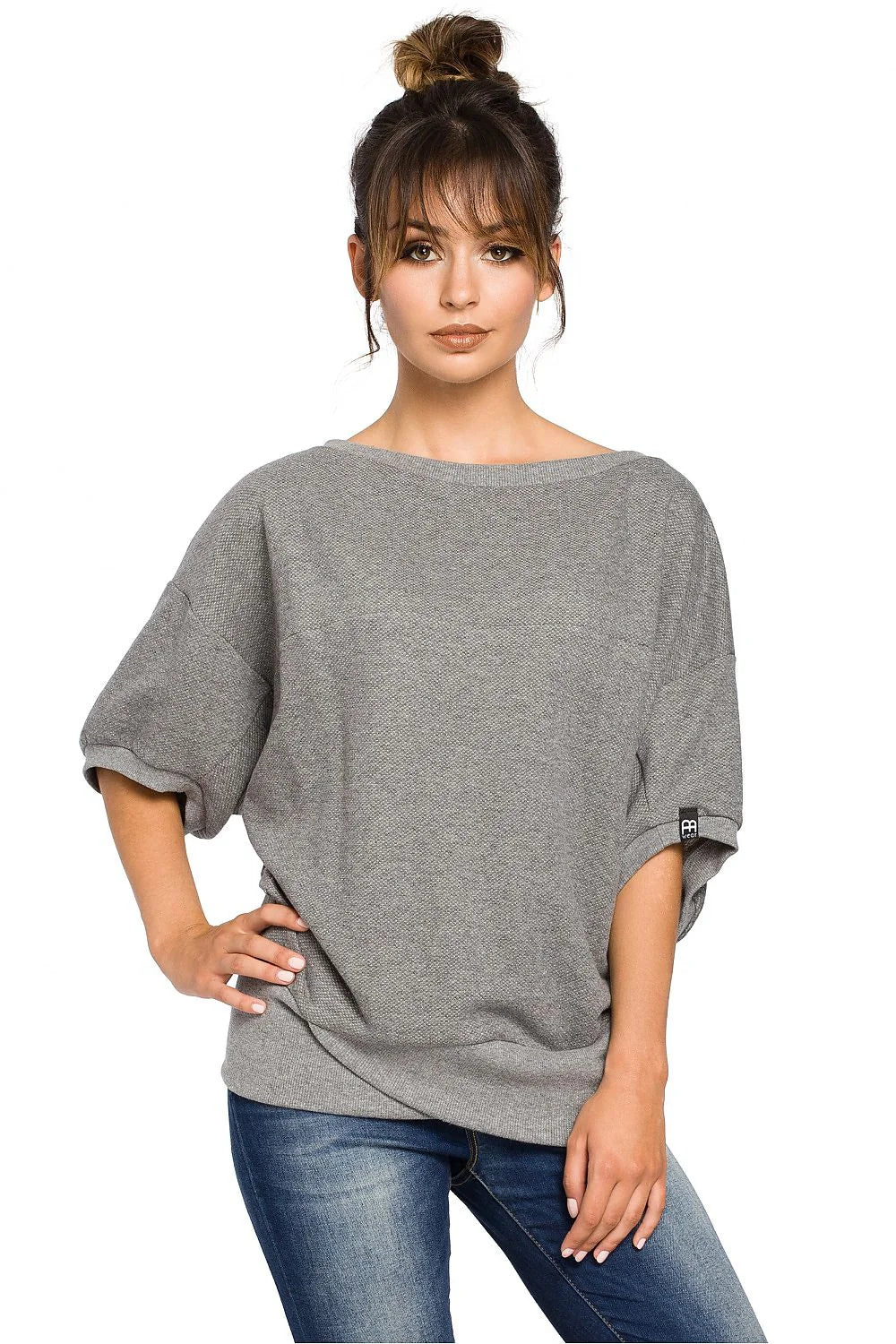 Sweat-shirt coton gris décontracté élégant coupe ample col bateau mode casual confortable femmes