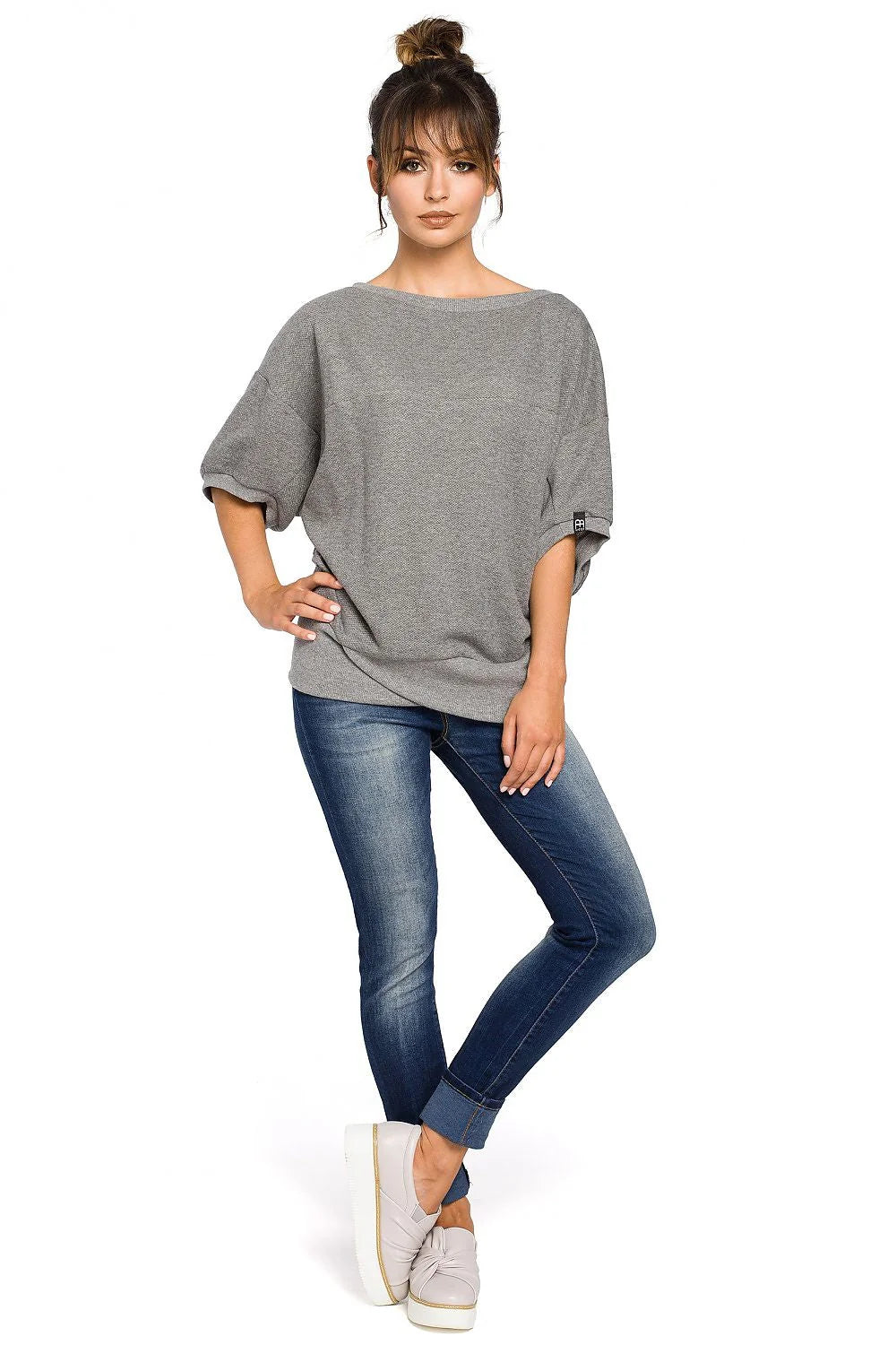 Sweat-shirt coton gris décontracté élégant coupe ample col bateau mode casual confortable femmes