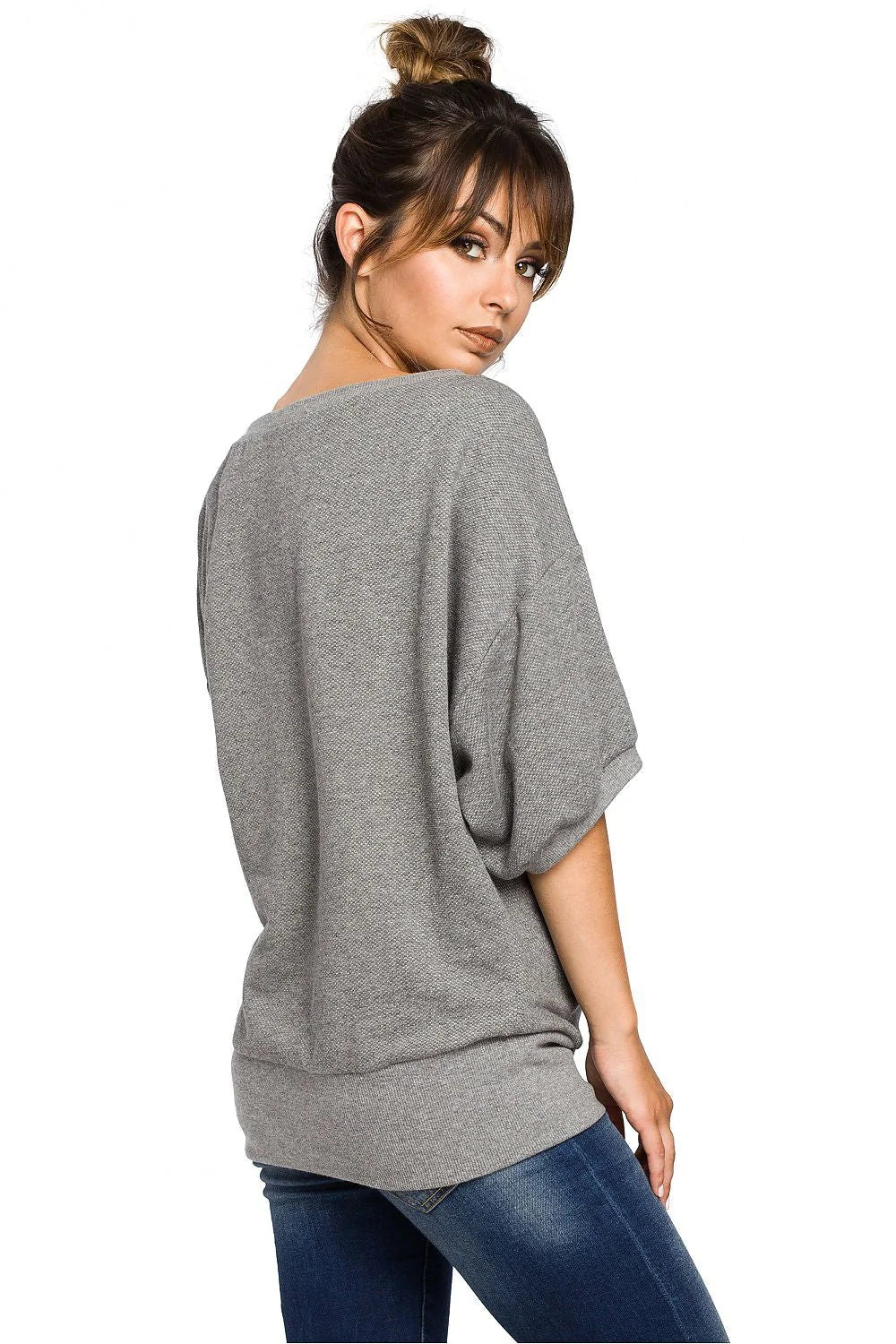 Sweat-shirt coton gris décontracté élégant coupe ample col bateau mode casual confortable femmes