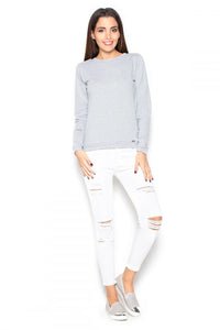 Sweat-shirt coton gris moderne pour un look décontracté avec jeans blanc déchiré tendance casual