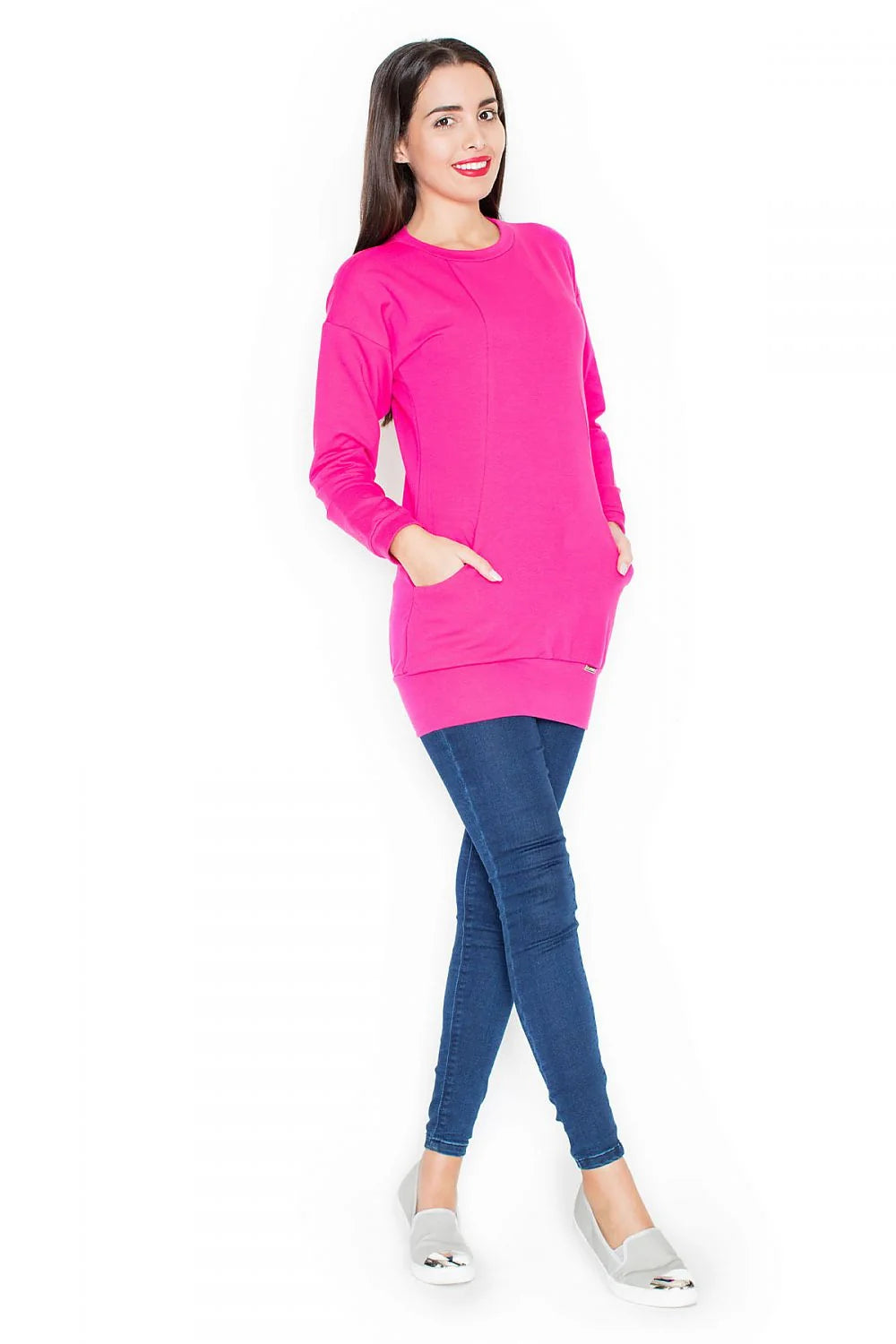 Sweatshirt coton décontracté rose vif manches longues Jean slim look confort moderne féminin casual
