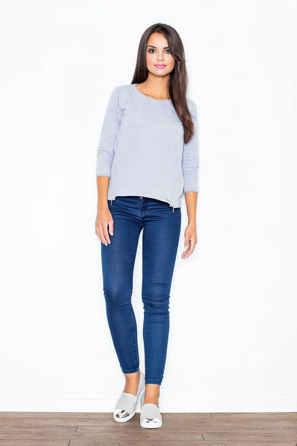 Sweatshirt Figl en coton gris clair avec manches longues zippées pour style confortable féminin casual
