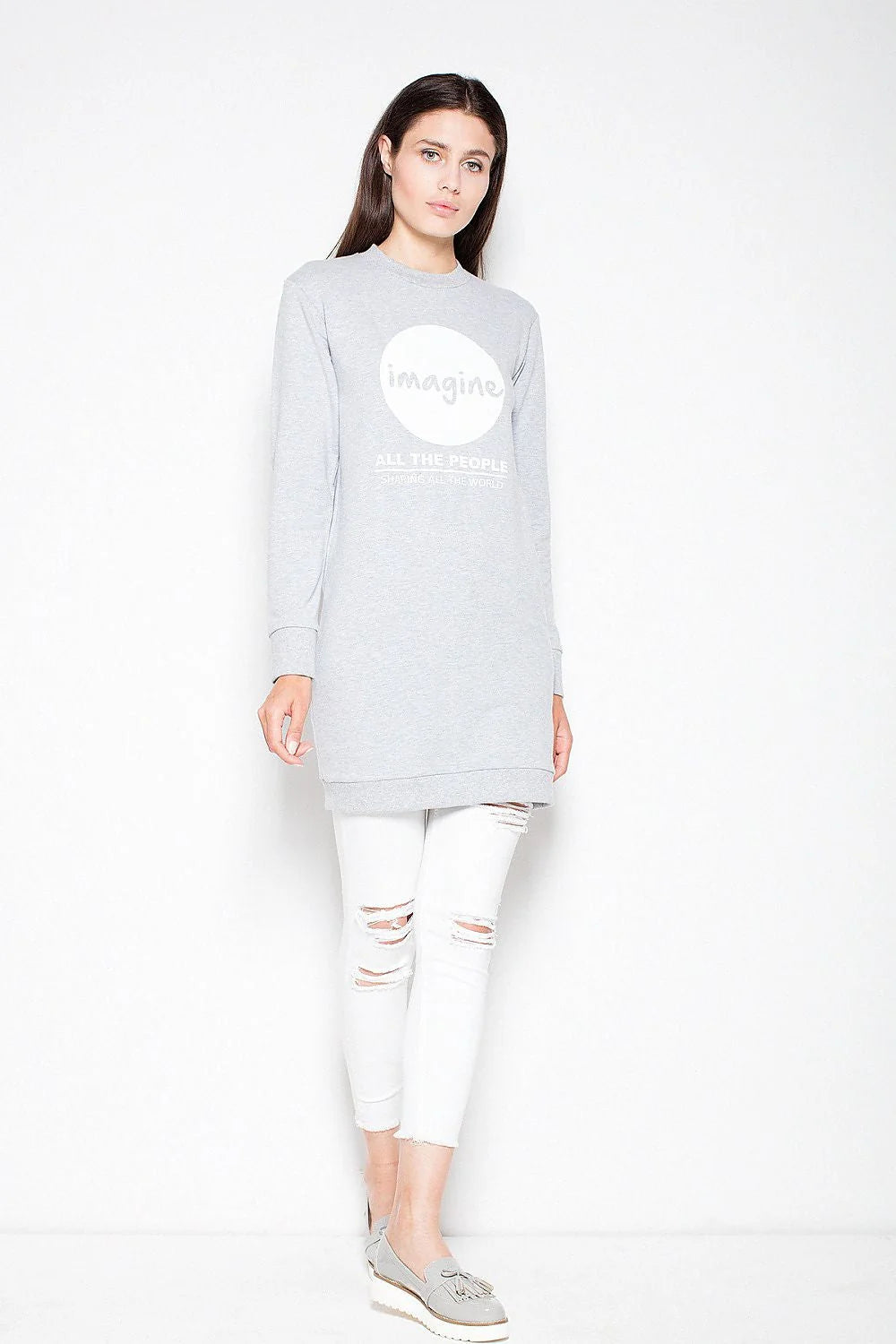 Sweatshirt gris coton confort décontracté imprimé tendance manches longues col rond pour style casual chic