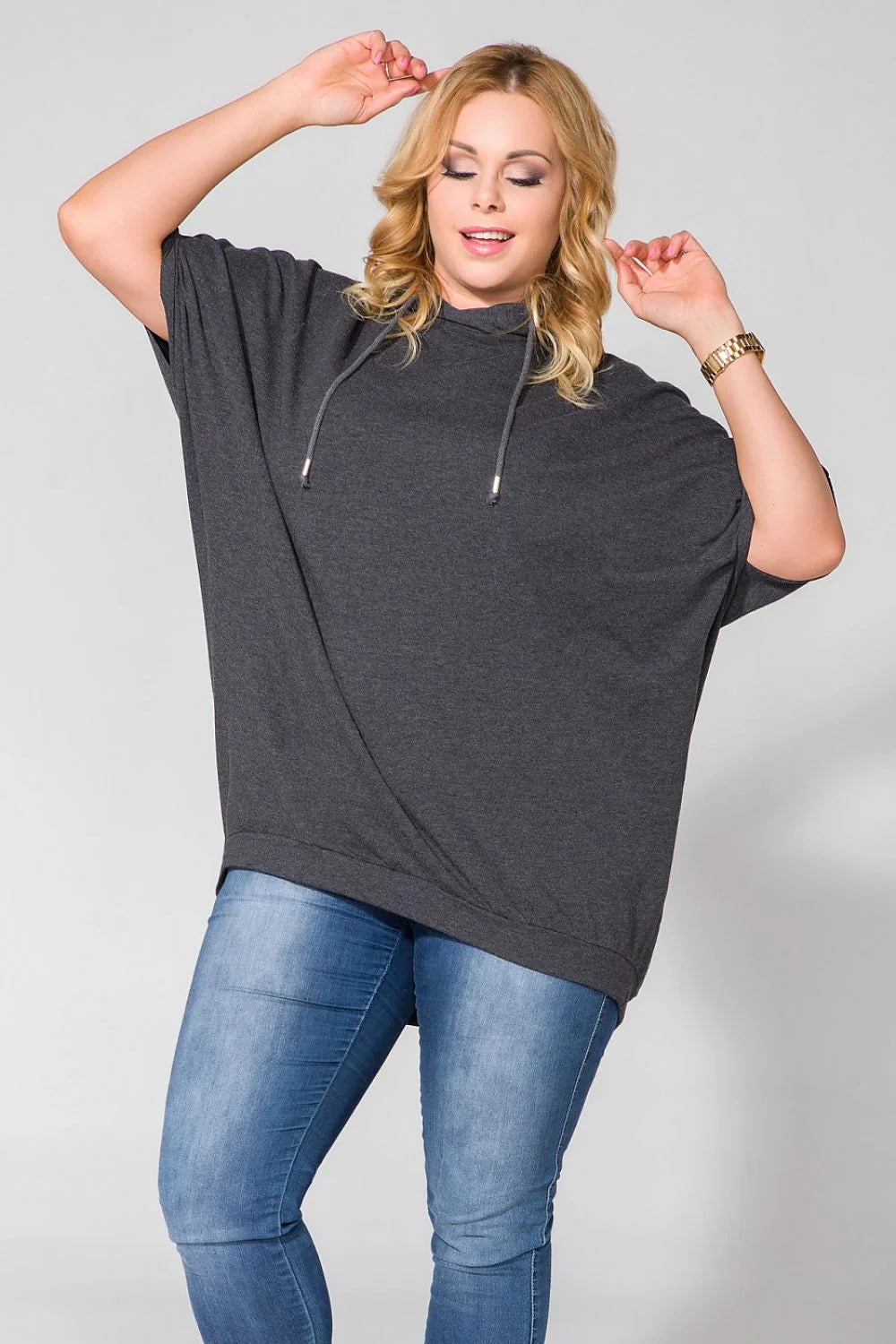 T-shirt ample coton gris foncé décontracté avec cordons de serrage style confortable pour femmes modernes
