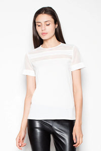 Venaton Tshirt femme blanc moderne décontracté chic ajusté col rond manches courtes mesh transparent épaules jersey fluide