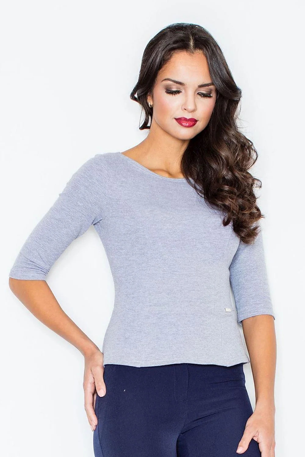 T-shirt bleu coton manches trois-quarts ajusté confort décontracté féminin col rond Figl casual