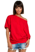 T-shirt coton rouge décontracté épaule dénudée coupe ample mode confortable pour style quotidien