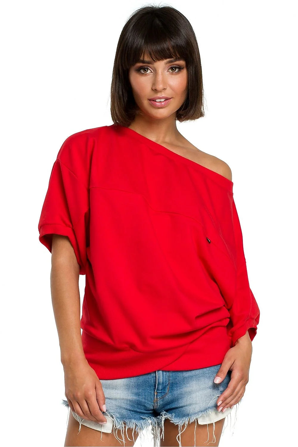 T-shirt coton rouge décontracté épaule dénudée coupe ample mode confortable pour style quotidien