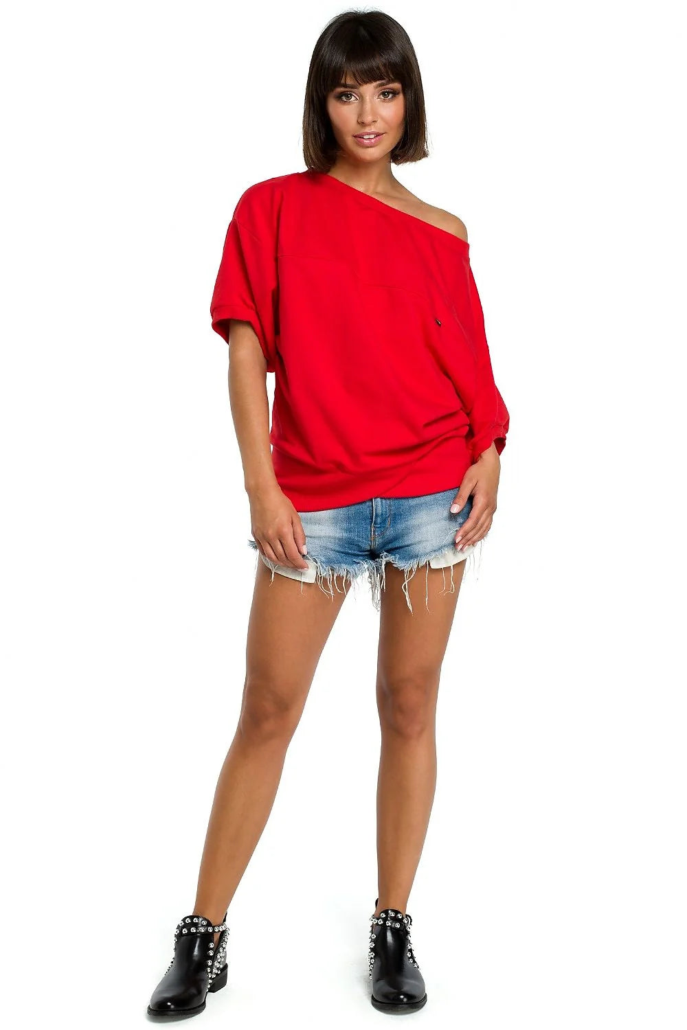 T-shirt coton rouge décontracté épaule dénudée coupe ample mode confortable pour style quotidien