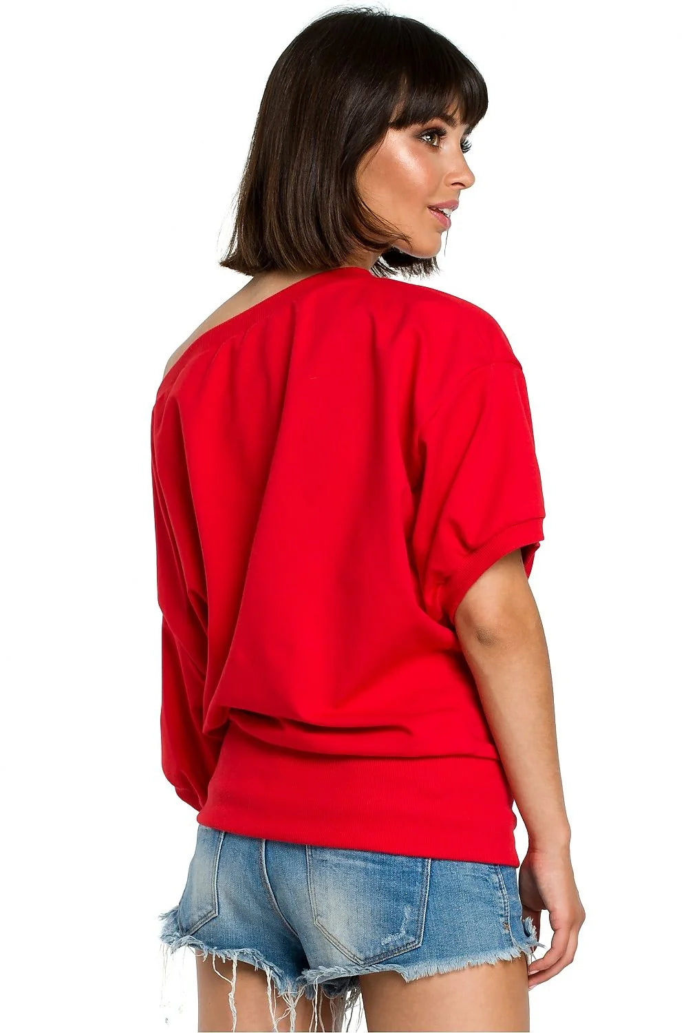 T-shirt coton rouge décontracté épaule dénudée coupe ample mode confortable pour style quotidien