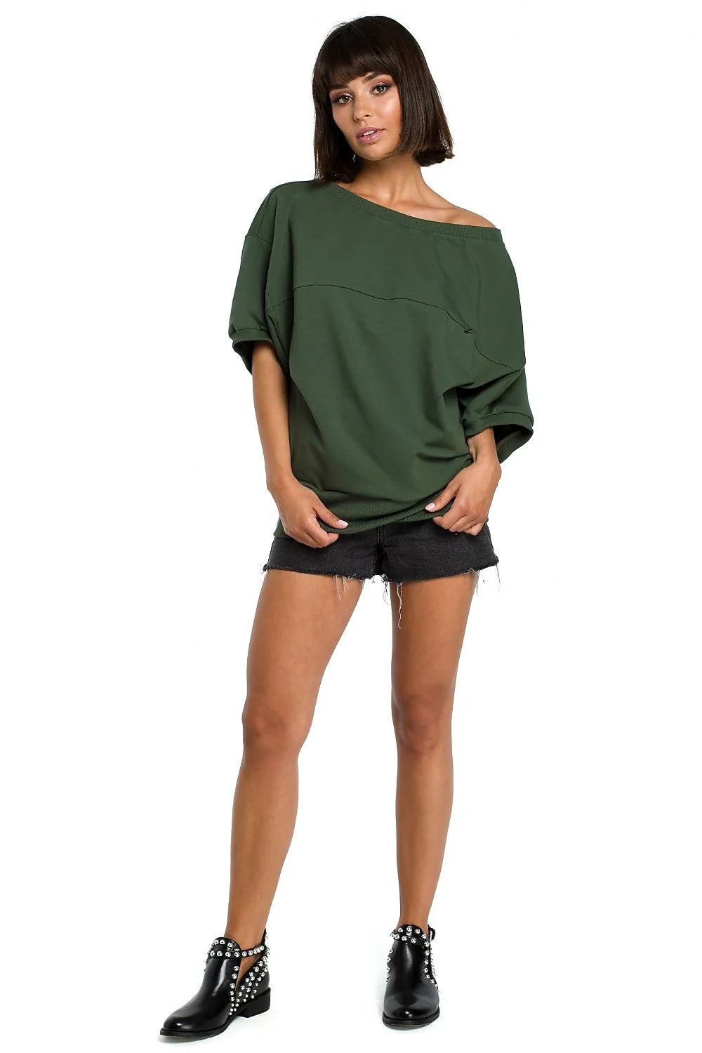 T-shirt coton rouge décontracté épaule dénudée coupe ample mode confortable pour style quotidien