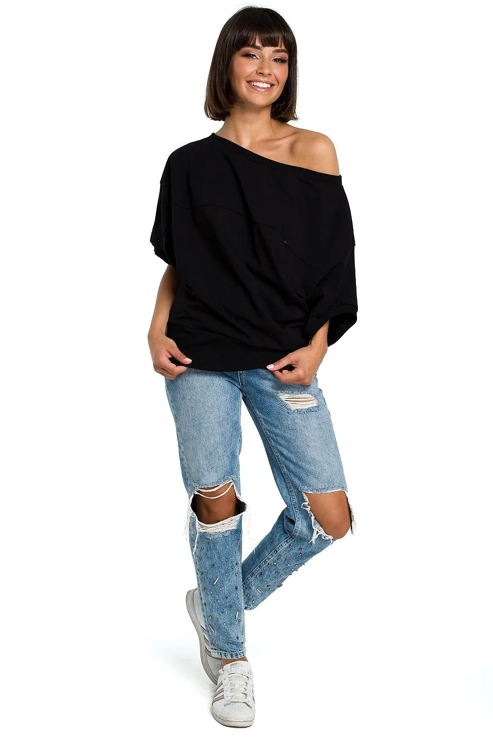 T-shirt coton rouge décontracté épaule dénudée coupe ample mode confortable pour style quotidien