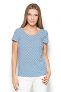 T-shirt coton style casual bleu imprimé géométrique manches courtes pour femme élégant et confortable