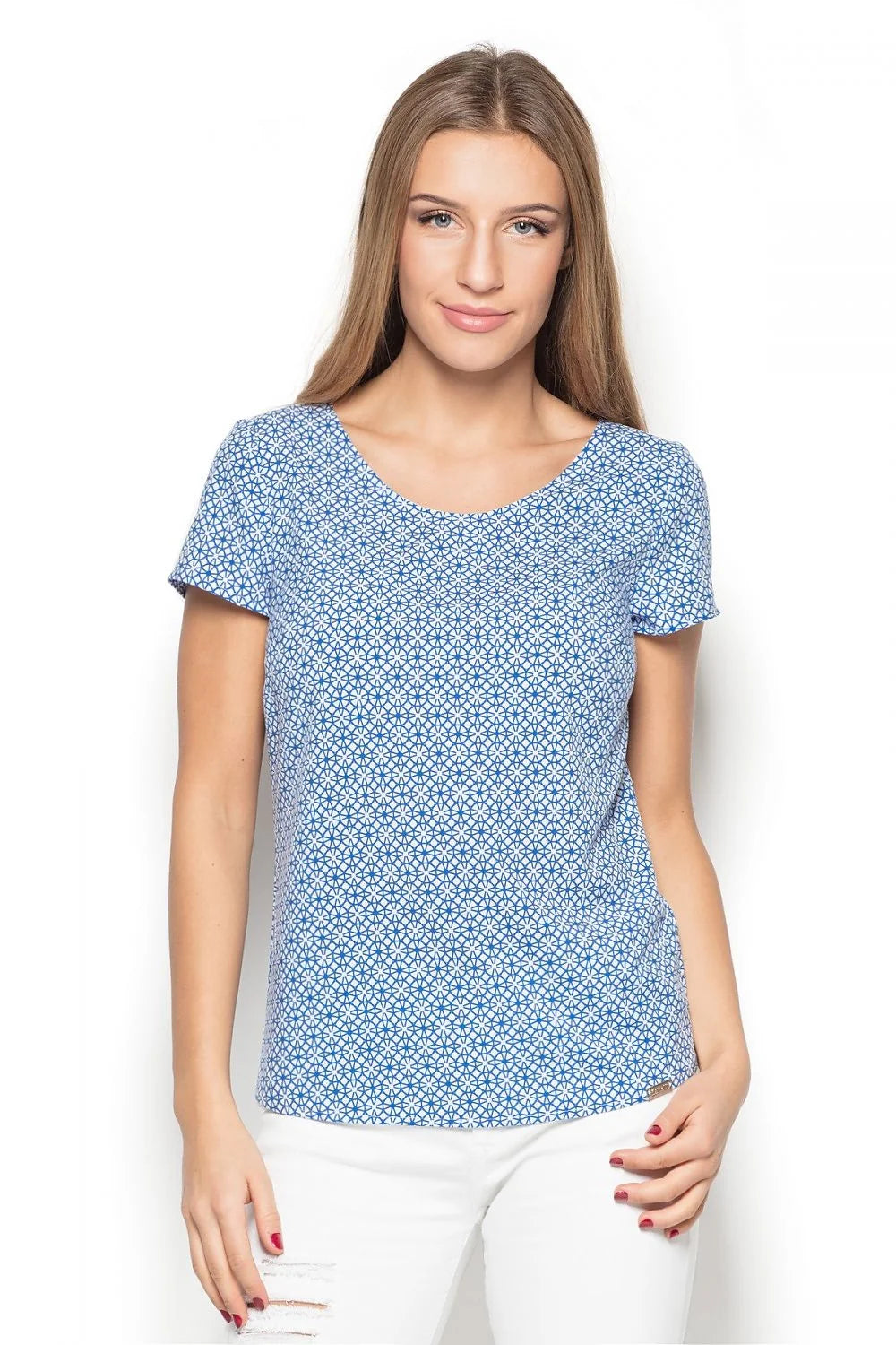 T-shirt coton style casual bleu imprimé géométrique manches courtes pour femme élégant et confortable